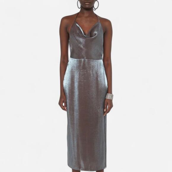Zara Merallic Silver Strappy Back Slip Maxi Semi Formal Dress Wedding Guest - Picture 3 of 12
